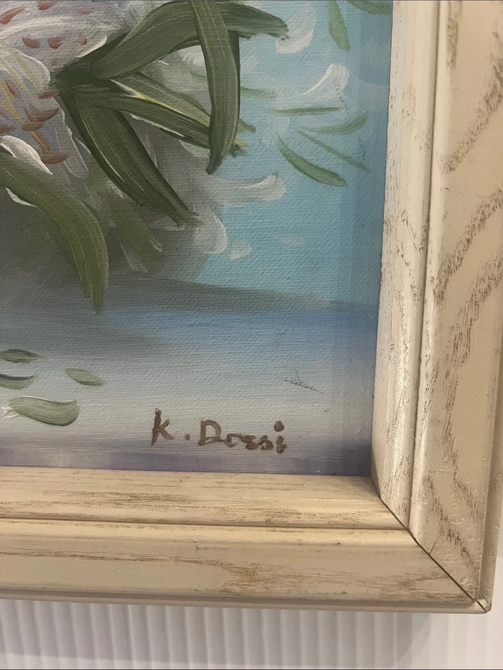 Framed Floral Painting with White Lilies and Blue Vase signed K dossi